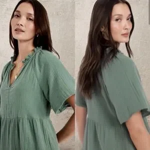 Old Navy | Dresses | New Gap Old Navy L Sage Green Crepe Crinkle Gauzey  Cotton V Neck Dress Pockets | Poshmark